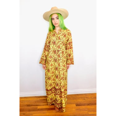 Indian Poppy Dress // vintage boho hand blocked cotton hippie hippy maxi 70s yellow sun // O/S 