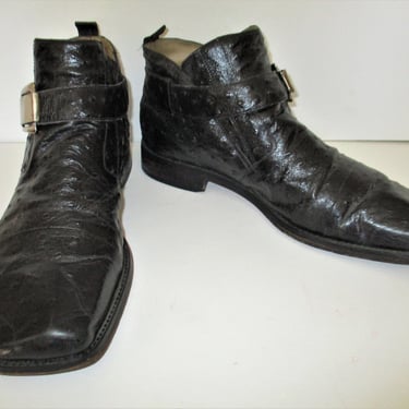 Vintage 1990s Giorgio Brutini Black Leather Ankle Boots, size 12M men, ostrich textured 