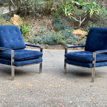 Milo Baughman Style Mid-Century Chrome Lounge Chairs 