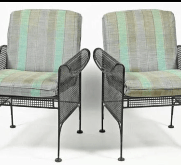 Mid Century Modern Woodard Retro Pierced Wrought Iron Scrolled Arm Patio Chairs - Pair