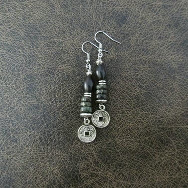 Asian coin earrings, black and silver 