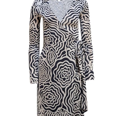 Diane von Furstenberg - Cream & Black Print Silk Wrap Dress Sz 0