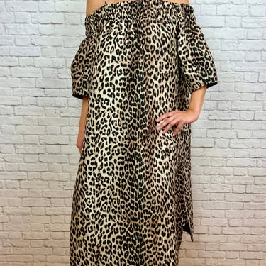 Ganni Crispy Jacquard Off Shoulder Dress In Leopard