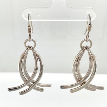 Vintage Modernist Sterling Silver Curved Pin Dangle Pierced Earrings Mexico 925 