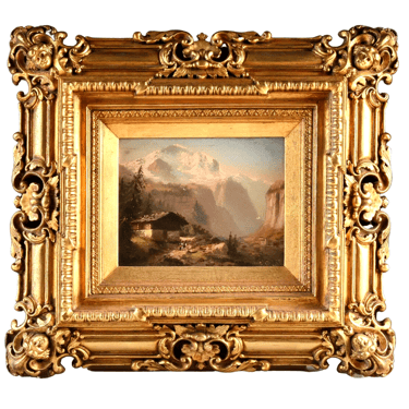 Oil Painting Swiss School, "Mountain and Figures by Cabin in Landscape,"E 20th C