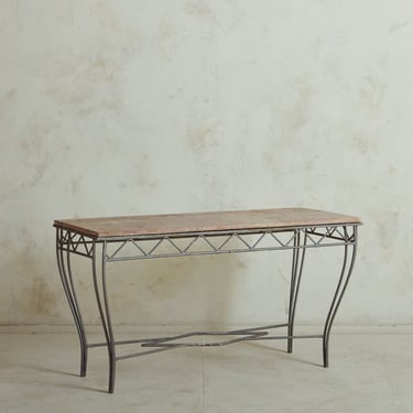 Iron Console Table with Pink Marble Top, France 1960s