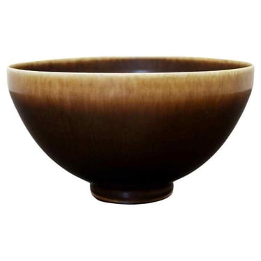 Mid Century Modern Ceramic Bowl Signed Berndt Friberg Brown Hare Glaze 1960s 