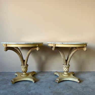 A Pair of Grosfeld House Hollywood Regency End - Side Tables W/ Marble Tops 