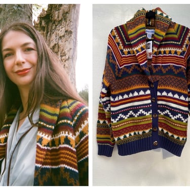 Vintage 70's Oversized Cardigan Sweater / Oversized Knit Cardigan / Eighties Sweater / Bright Colors / Oversized Southwest Print Knitwear 
