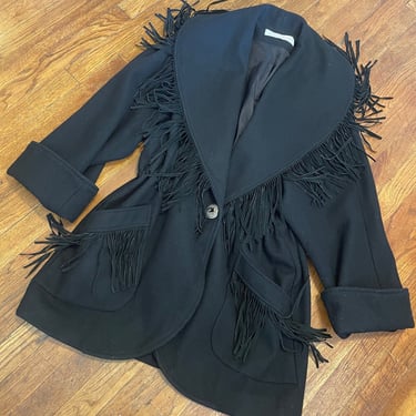 Wool Santa Fe Fringe Jacket // vintage dress boho hippie coat 80s 90s southwestern southwest blanket black oversize // O/S 