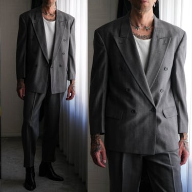 Vintage 80s HUGO BOSS Dark Gray Wide Shadow Stripe Woven Double Breasted Long Lapel Single Button Suit | Made in USA | 1980s Designer Suit 