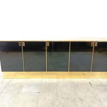 Vintage Black Lacquered and travertine credenza, 1980s - hollywood regency credenza - vintage credenza - black lacquer credenza 