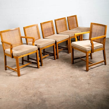 Mid Century Modern Dining Chairs Set 6 Captain Cane High Back Vintage Brown Tan