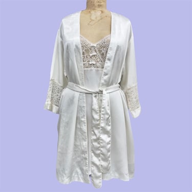 Vintage Christian Dior Robe and Slip Set Retro 1990s Womens + Size Medium + White + Lace + Polyester + Nightgown + Lingerie + Negligee 