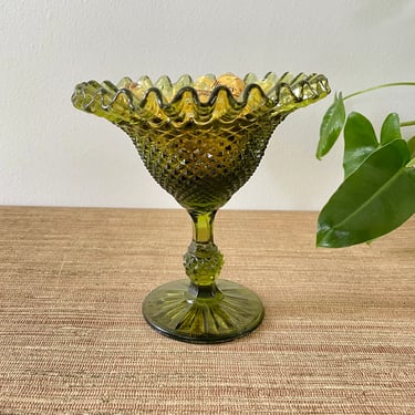 Vintage Candy Dish - Avocado Green Pedestal Compote - Indiana Glass Co. Diamond Point Pattern - Flared - Green Candy Dish 