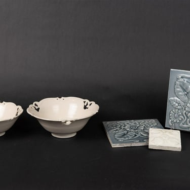 Inderbitzin, Joyce Pottery Bowls and 2 Pairs of Art Nouveau Tiles