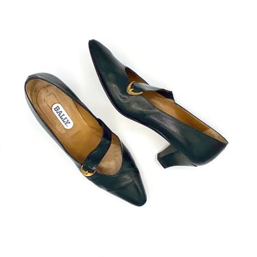 Vintage 1980s Black Leather Bally Pumps, Made in Italy, US Size 9 Narrow 