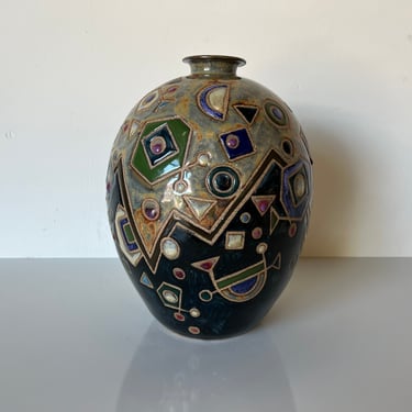 1990's Vintage Art Ceramic Vase With Geometric Design, Signed 