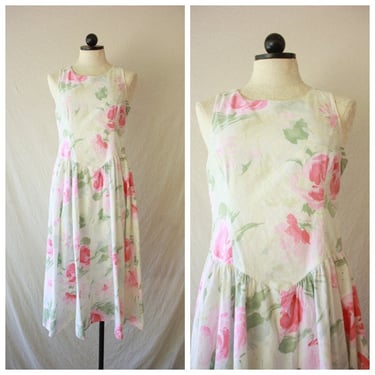 80s Sleeveless Floral Garden Party Dress with Basque Waist Size M / L 