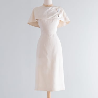 Elegant 1950's Ivory Silk Cocktail Dress With Dramatic Shawl Collar / Medium