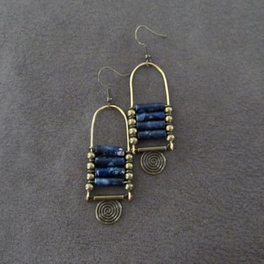 Imperial jasper earrings, blue tribal chandelier earrings, unique ethnic earrings, modern Afrocentric earrings, boho chic earrings 
