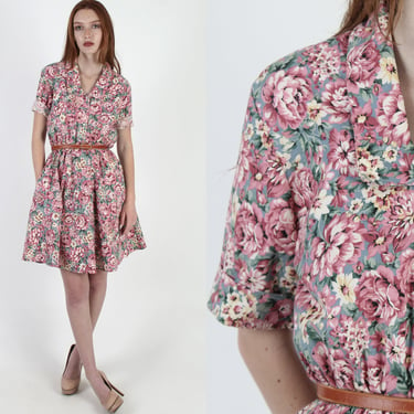 80s Garden Floral Dress / Country Large Nature Print / Tiny 1980s Style Roll Collar / Bright Flower Bouquet Full Skirt Mini Midi Dress 