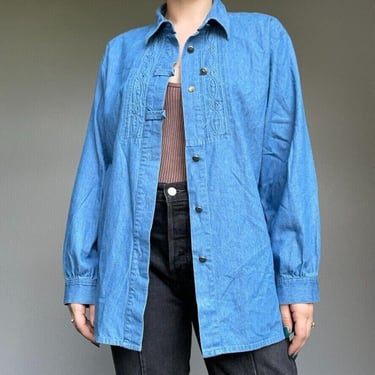 Vintage German Women's Long Sleeve Denim Button Down Oversized Shirt Blue Sz M 