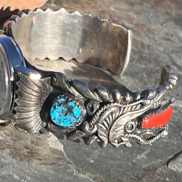 Vintage Native American Sterling Watch Cuff with Turquoise and Corral Bracelet with Thick Gauge Silver and Deep Filing Work 