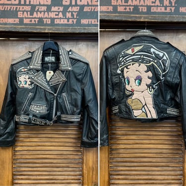 Vintage 1980’s “Maziar” Betty Boop Studded Cropped MC Leather Jacket, 80’s Motorcycle Jacket, Vintage Appliqué, Vintage Clothing 
