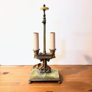 Vintage Art Nouveau Brass and Onyx Marble Style Double Light Tables Lamp Working 
