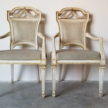 1970s Heritage Neoclassical Style Carved Wood and Cane Accent Chairs - a Pair 