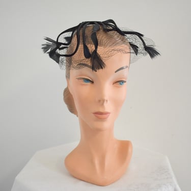 1950s/60s Black Feather and Satin Whimsy Hat 