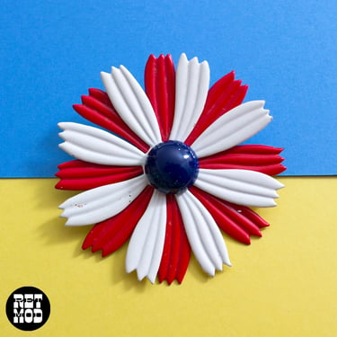 Groovy Vintage 60s 70s Red White Blue Flower Power Metal Pin 