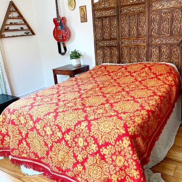 Vintage 60’s/70’s Tapestry Double Sided Bedspread With Fringe Size Full 84 x 101 