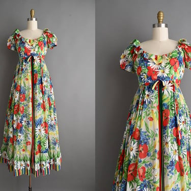 vintage 1960s Dress | Vintage Emma Domb Puff Sleeve Floral Spring Dress | small 