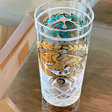 4 MCM vintage drinking glasses by Fred Press. Patriotic glassware with Federal Eagles in gold and turquoise on cut glass cocktail tumblers. 