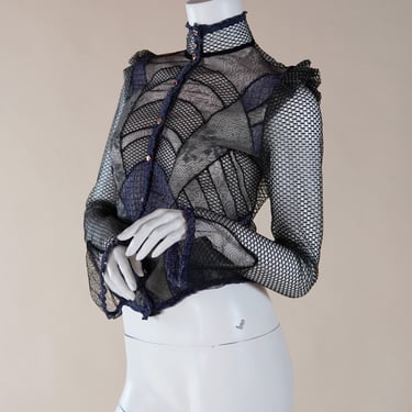 Christian Lacroix 2000s sheer lace panelled camisole and blouse set - black and blue Victorian style vintage designer matching set 