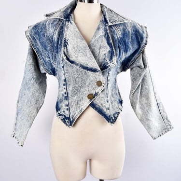 80's Blue Jean Denim Acid Stone Wash Jacket Coat Vintage 1980's by J&J Jenny New Wave style Zipper Shoulders, Shoulder Pads, Fitted 