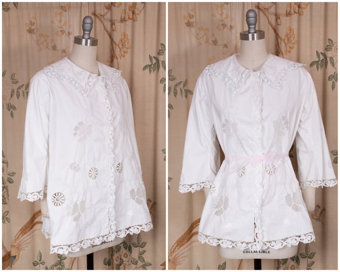 Antique Edwardian Smock - Crisp White Summer Artist Smock or Maternity Wear Top with Embroidery and Cut Lace Trim 