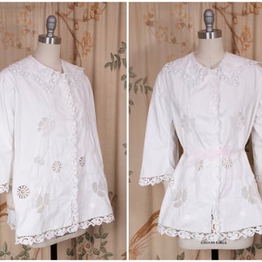 Antique Edwardian Smock - Crisp White Summer Artist Smock or Maternity Wear Top with Embroidery and Cut Lace Trim 