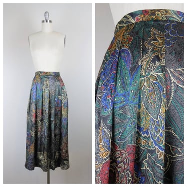 Vintage 1980s floral skirt, satin, NOS, deadstock, jewel tones, pleated, pockets 