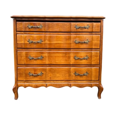 French Provincial Bachelor’s Chest by Permacraft 34”W 31”H - Vintage Cherry Wood Louis XV Serpentine 4 Drawer Large Nightstand Dresser Table 