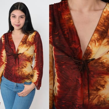 Mesh Tie Dye Top Y2K Sheer Bell Sleeve Shirt Flame Print Lace Up Corset Blouse Party Glam Going Out V Neck Tight Bodycon Vintage 00s Small S 
