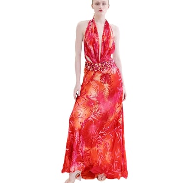 Vintage Documented Gianni Versace S/S 2000 Runway Finale Gown, Magenta Palm Print Halter with Jeweled Waistline and Open Back 