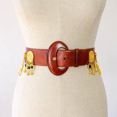 Vintage 80s Escada Mahogany Brown Leather Belt w/ Gold ESCADA Charms | Made in West Germany | 100% Genuine Leather | 1980s Designer Belt 