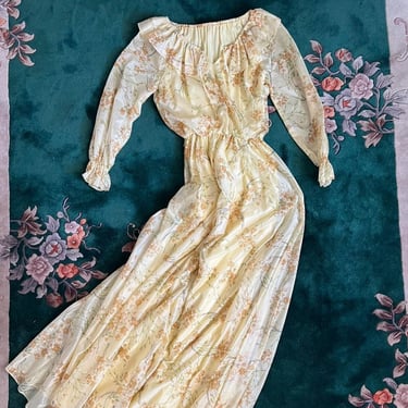 Vintage 1970's Boho Pale Yellow Floral Maxi Dress 