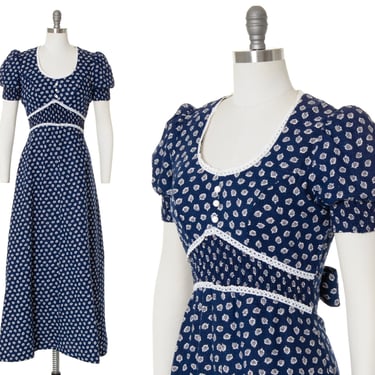 Vintage 1970s Maxi Dress | 70s Floral Cotton Blue Calico Cottagecore Prairie Puff Sleeve Boho Dress (small/medium) 