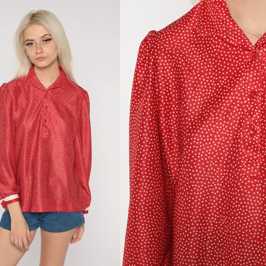 Polka Dot Blouse Red 70s Top Long Sleeve Button Up Shirt Retro Boho Rounded Collar Preppy Girly Mod Secretary Collared Vintage 1970s Small S 