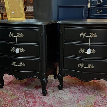 A pair! Black painted French provincial 3 drawer nightstands. 