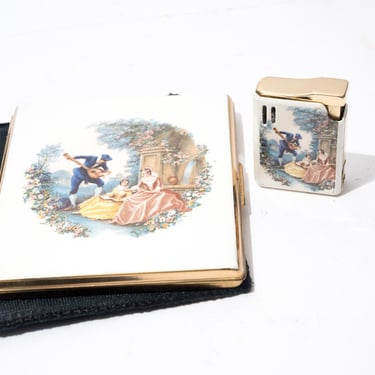 Vintage Lighter and Cigarette Case Set, Courting Scene, Park Lane, Colibri 